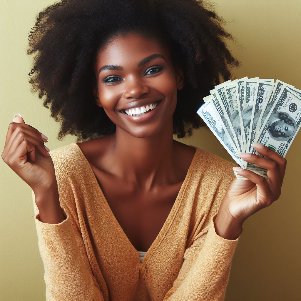 Woman smiling after receiving money