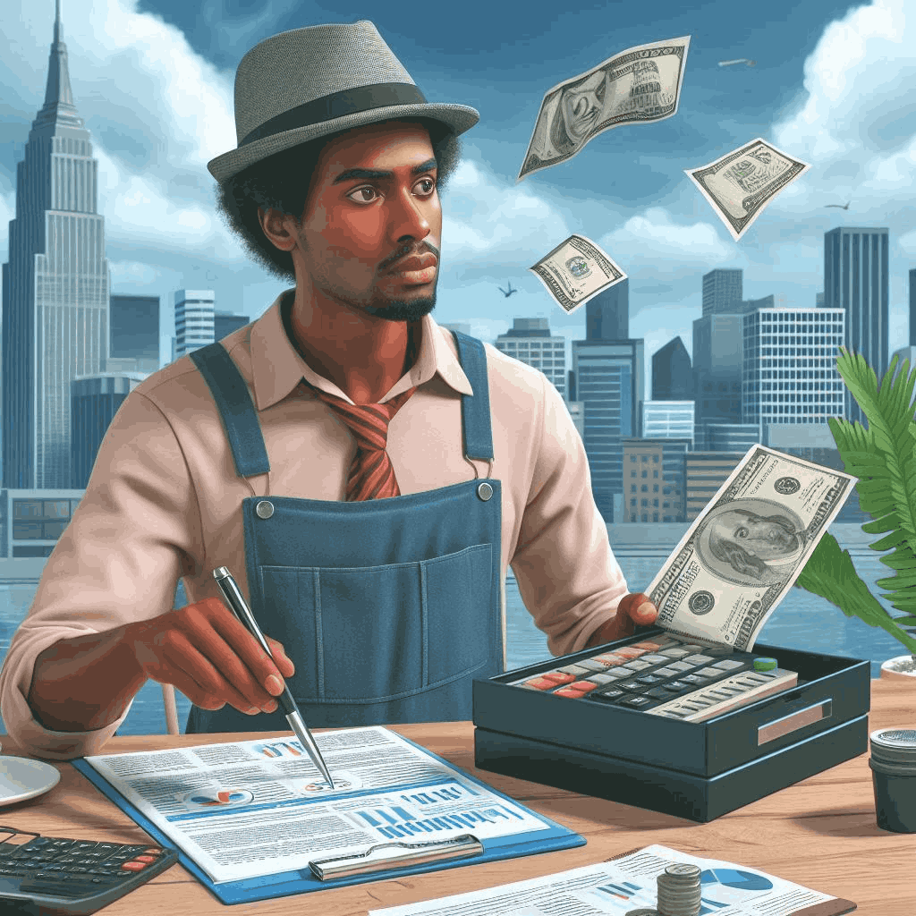 An accountant dressed in vintage attire with suspenders and a hat works on financial documents using a calculator at a desk, with skyscrapers in the background and money notes floating around, indicating financial activity or success.